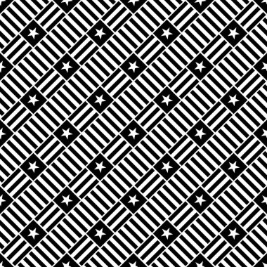 Yıldızlar ve Çizgiler Kusursuz Desen. Siyah ve beyaz vektör arka planı tekrarlıyor.