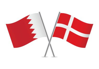 Bahreyn ve Danimarka bayrakları aştı. Beyaz arka planda Bahreyn ve Danimarka bayrakları. Vektör simgesi ayarlandı. Vektör illüstrasyonu.