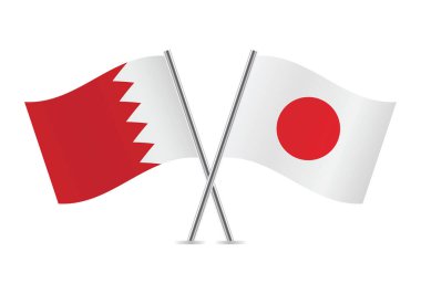 Bahreyn ve Japonya bayrakları aştı. Beyaz arka planda Bahreyn ve Japon bayrakları. Vektör simgesi ayarlandı. Vektör illüstrasyonu.