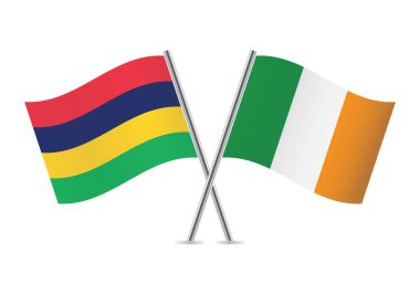 Mauritius ve İrlanda bayrakları aştı. Beyaz arka planda Mauritian ve İrlanda bayrakları var. Vektör simgesi ayarlandı. Vektör illüstrasyonu.