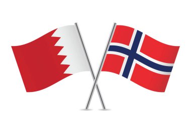 Bahreyn ve Norveç bayrakları aştı. Beyaz arka planda Bahreyn ve Norveç bayrakları. Vektör simgesi ayarlandı. Vektör illüstrasyonu.