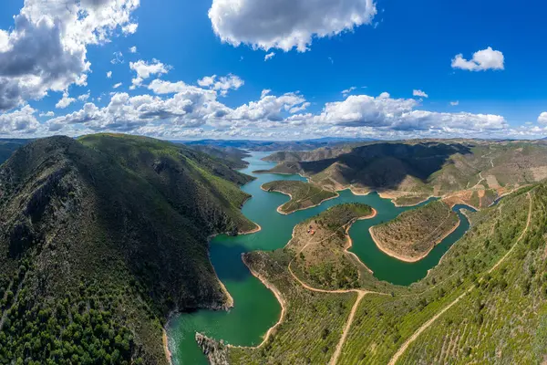 Absztrakt Táj Sabor Lake Tras Montes Alto Douro Portugália Drón Stock Kép