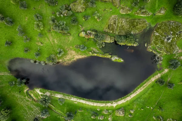 stock image Aerial view over a lagoon in the Dehesa de la Luz. Extremadura. Spain.