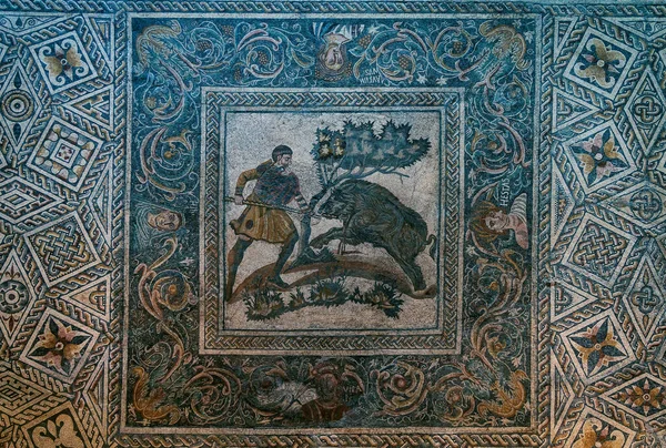 Mérida España Diciembre 2022 Antiguo Mosaico Romano Caza Del Jabalí Imagen De Stock