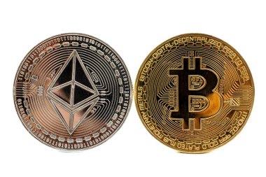 Ethereum and Bitcoin cryptocurrencies on a white background.  clipart