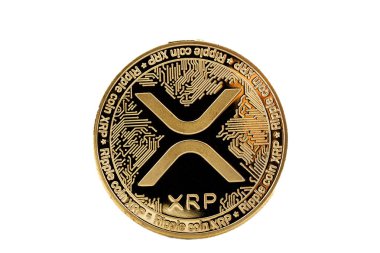 Altın Dalga (XRP) şifreleme parası ve beyaz arkaplanda karmaşık devre tasarımı.