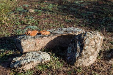 Los Barruecos arkeoloji sahasındaki taşların üzerindeki Roma kiremit parçaları.
