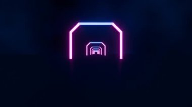 soyut neon ışığı karanlıkta parlıyor, dikdörtgen koridorda ileri doğru uçuyor, uzun tünel, 3D animasyon fütüristik bir bilim kurgu tüneli içeriyor.