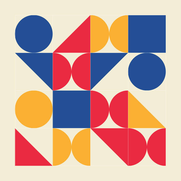 Minimalistic pattern. Simple geometric forms on gray background. Bauhaus style. Abstract vector template. Cover design concept.