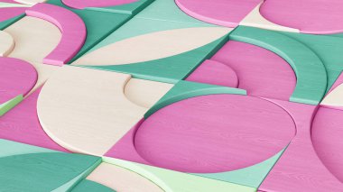 Soyut üç boyutlu desen. Tahta şekiller. Bauhaus tarzı. Pastel renk gama. Arkaplan ya da duvar kağıdı tasarımı için şablon. 3d oluşturma