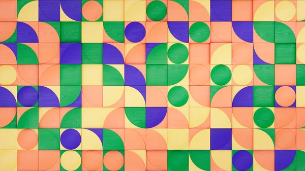 バウハウス様式のシンプルな幾何学的形状からパターンへのフロントビュー オレンジ 緑の色 立体構成 背景や壁紙のデザインのテンプレート 3Dレンダリング — ストック写真