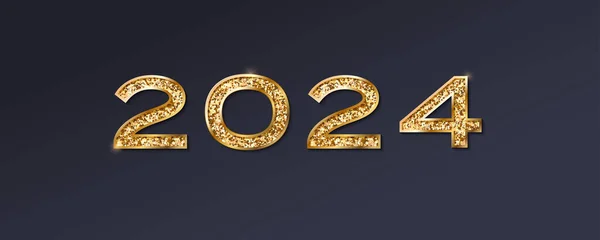 2024年の新年 きれいな黒の背景に輝く効果とゴールド番号2024 グリーティングバナーのベクトルテンプレート — ストックベクタ