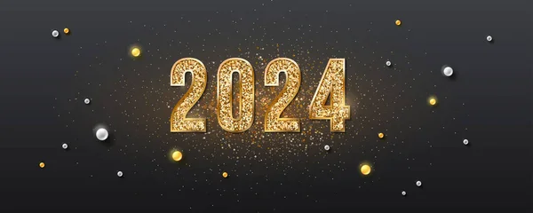 新年快乐2024 在黑色背景上有闪光效果的金色数字 问候语横幅矢量模板 — 图库矢量图片