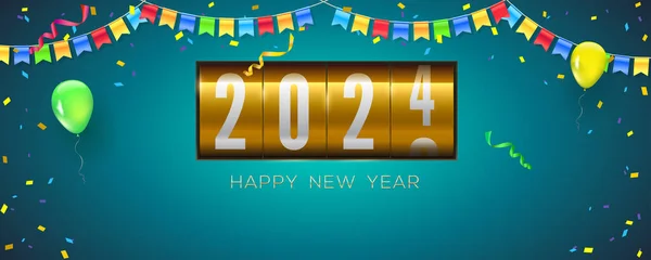 Feliz Año Nuevo 2024 Marcador Analógico Giratorio Próximamente 2024 Fondo — Vector de stock