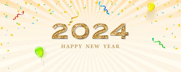 新年快乐2024 金色的文字和闪闪发光的数字 古色古香的背景 点缀着圣诞彩霞 问候语横幅矢量模板 — 图库矢量图片
