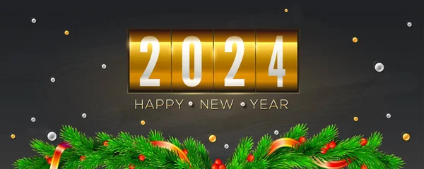 新年快乐2024 模拟金记分板 背景装饰杉树枝条和圣诞糖果 问候语横幅矢量模板 — 图库矢量图片