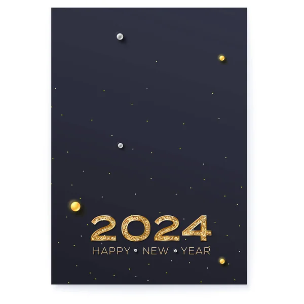 2024年の新年 黒の背景に輝く数字と黄金のテキスト幸せな新年の真珠と輝くほこり装飾 グリーティングバナー用ベクトルテンプレート — ストックベクタ