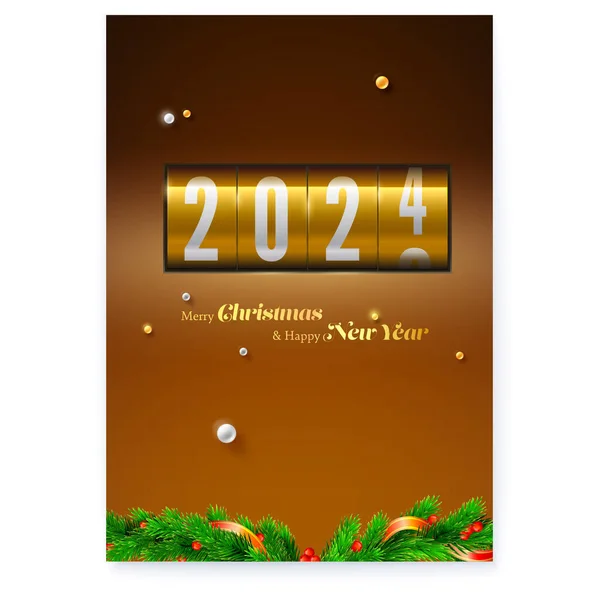 新年快乐2024 旋转机械时刻表 冷杉枝条装饰着红丝带 2024年即将到来 用于问候语横幅的矢量海报模板 — 图库矢量图片