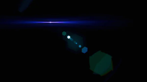 白い斑点と光の屈折の六角形のスポットからの青いぼやけた光線 黒の背景にレンズフレアの自然な効果 画面ブレンドモードでの使用 — ストック写真