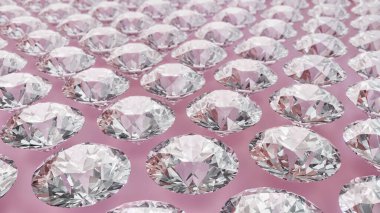 Gems on pink background. Abstract pattern. Wide angle. Gemstones are arranged in grid. Abstract background with shiny diamonds. 3D rendering. clipart