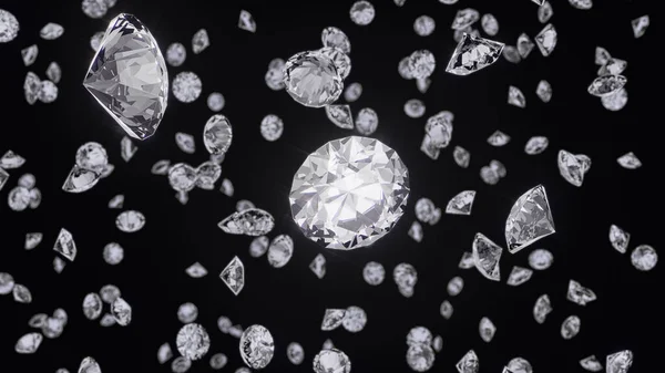 黒い背景に落ちる宝石 スクリーンブレンドモードで使用するための抽象的な背景 光沢のあるダイヤモンド 3Dレンダリング — ストック写真
