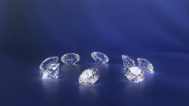 Mavi arka planda birkaç mücevher var. Gemstone 'lar daire şeklinde dizildi. Seçici derin odaklanma. Parlak elmasları olan soyut bir arka plan. 3B görüntüleme.