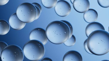 Minimum mavi yüzeyde yumuşak parlayan kabarcıklar. Ekolojik kavramlarda, laboratuvar görsellerinde ya da kozmetik markalarda kullanılmak üzere soyut doku. 3 Boyutlu Hazırlama.