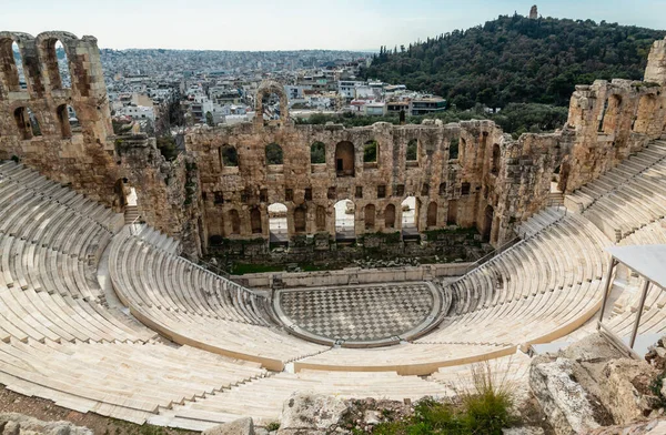 Oude Theater Achtergrond Van Athene Griekenland Panoramisch Uitzicht Stad — Stockfoto