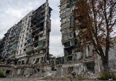 destroyed and burned houses in the city Russia Ukraine war