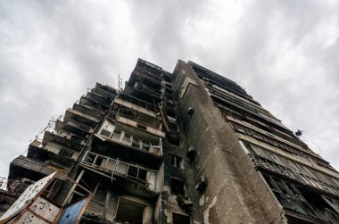 destroyed and burned houses in the city Russia Ukraine war