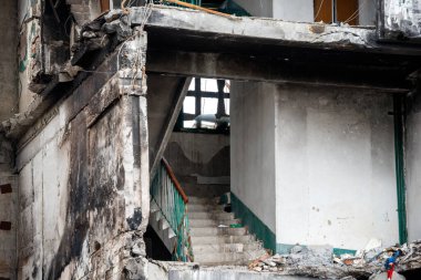 destroyed and burned houses in the city Russia Ukraine war