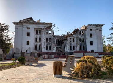 destroyed and burned houses in the city Russia Ukraine war