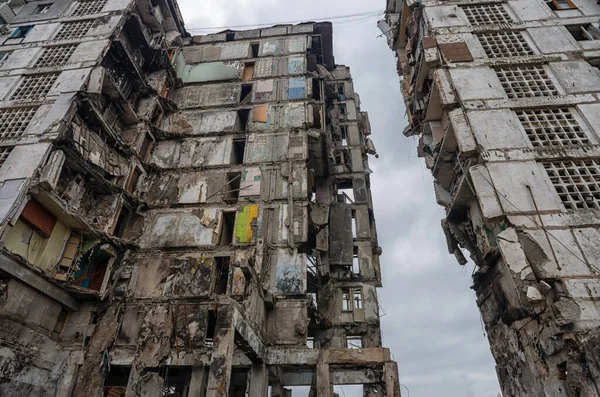 Destroyed Burned Houses City Russia Ukraine War — Stockfoto
