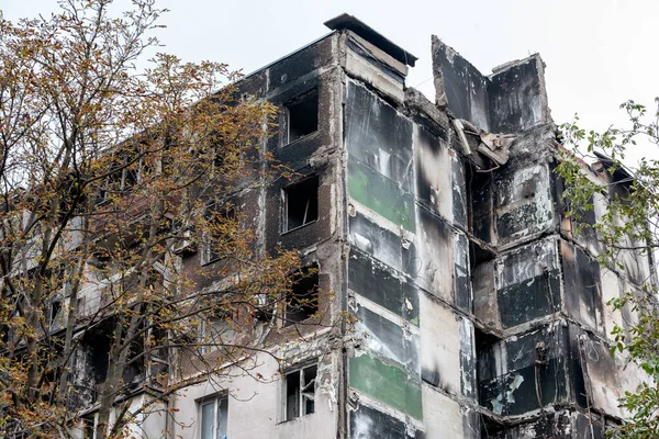 Destroyed Burned Houses City Russia Ukraine War — Foto de Stock