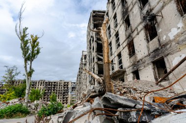 destroyed and burned houses in the city Russia Ukraine war
