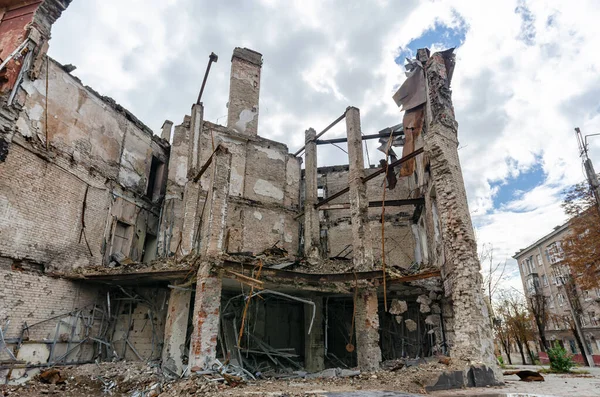 Destroyed Burned Houses City Russia Ukraine War — Stok fotoğraf