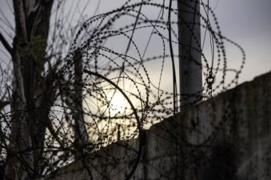 barbed wire fence against the sky war in Ukraine with Russia
