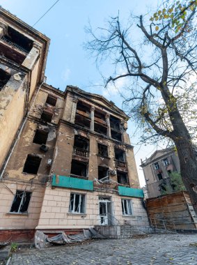 destroyed and burned houses in the city Russia Ukraine war