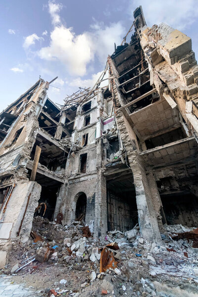 destroyed and burned houses in the city during the war in Ukraine