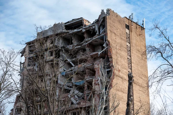 Lerombolt Felgyújtott Házak Városban Háború Alatt Ukrajna — Stock Fotó