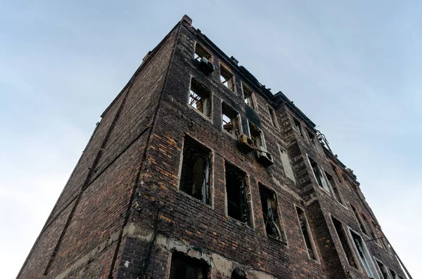 Destroyed Burned Houses City War Ukraine — стокове фото