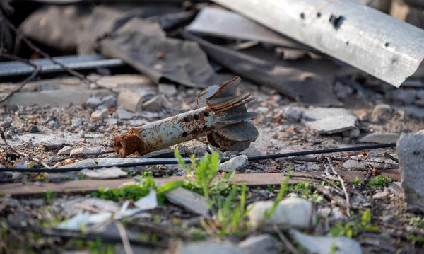 stock image tail of an exploding mine on a city street war in Ukraine