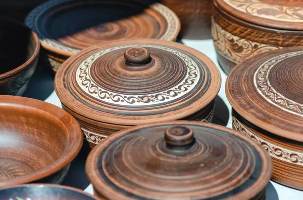 stock image authentic traditional Russian handmade earthenware close up