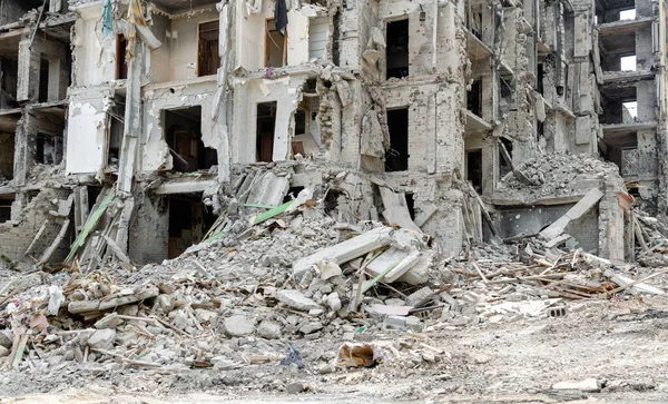 Destroyed Burned Houses City War Ukraine — стокове фото