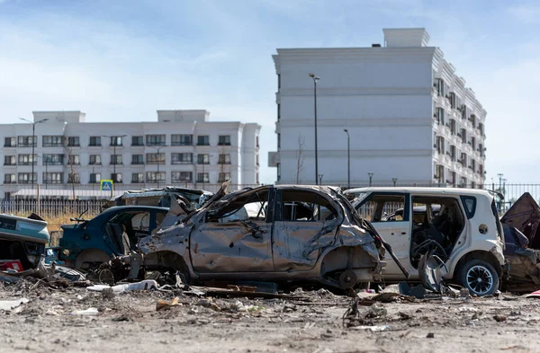 Damaged Looted Cars City Ukraine War Russia — Stockfoto
