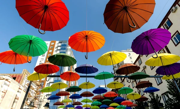 Many Colorful Umbrellas Fly Hover City Street Abstract Background — Stock Photo, Image