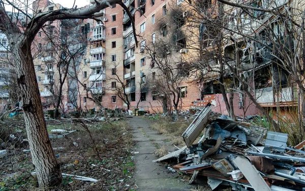 Verwoeste Verbrande Huizen Stad Tijdens Oorlog Oekraïne — Stockfoto