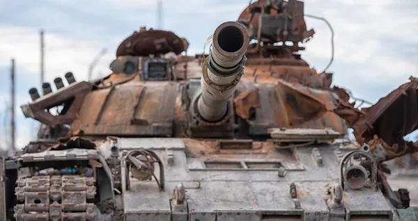 Tanque Militar Dañado Guerra Callejera Ciudad Ucrania Con Rusia — Foto de Stock