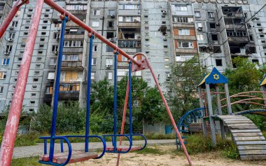 destroyed and burned houses in the city Russia Ukraine war