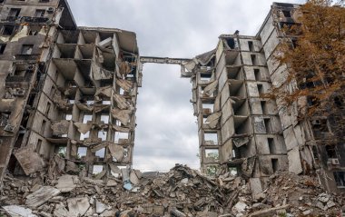 destroyed and burned houses in the city Russia Ukraine war